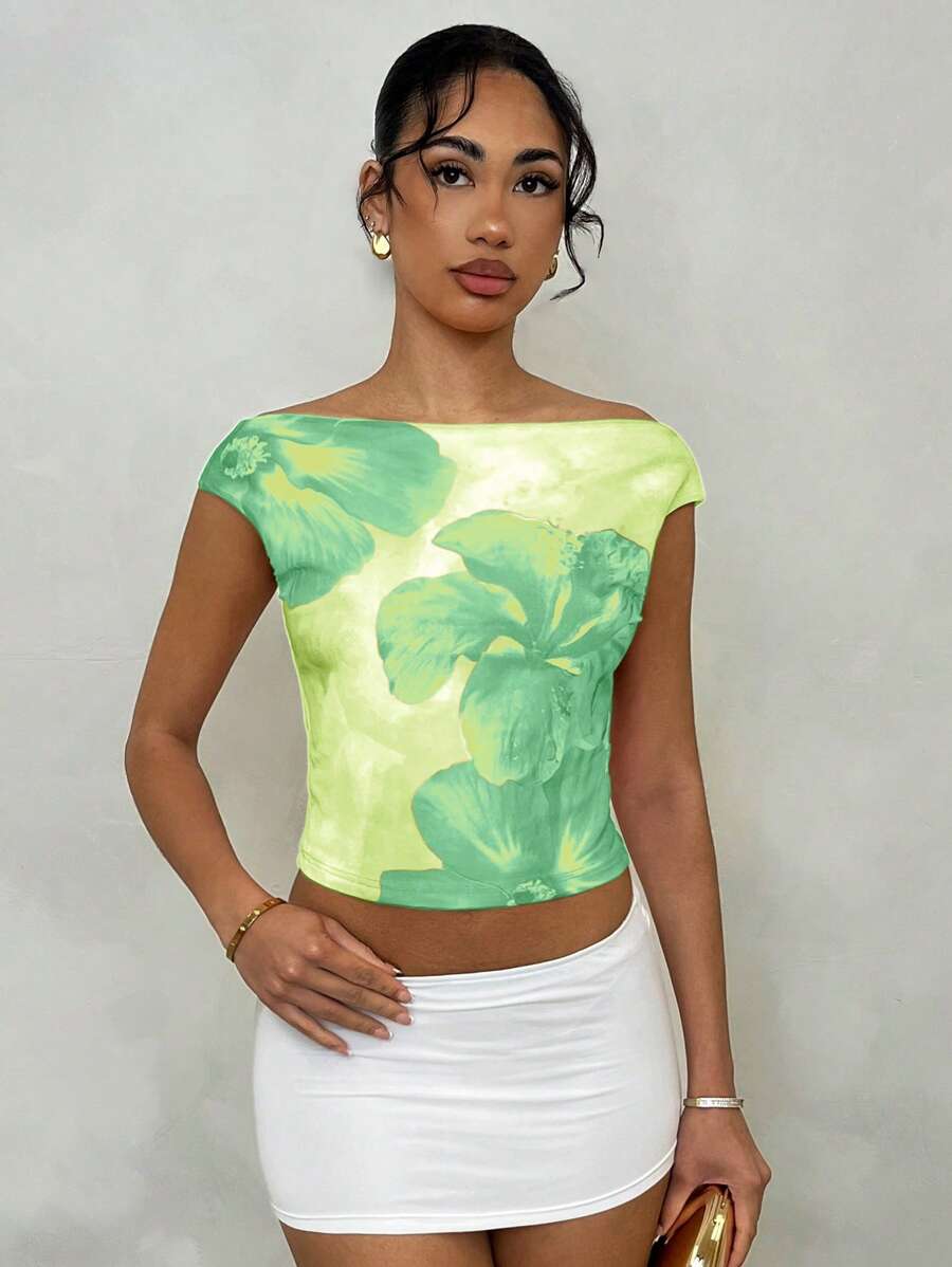 Glamine 橙色优雅印花短袖弹力针织网眼女式T恤 - 綠色 - 查看 1