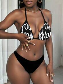 Slaydiva Graffiti Letter Print Bikini Set, Fashionable For Summer - Black and White - View 3