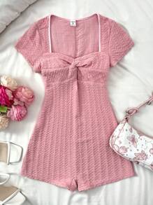 SHEIN Leap Crew Teen Girls' Spring & Summer Pink Texture Jacquard Twist-Knot Fitted Waist Short Sleeve Romper, Vacation Casual Minimalist Jumpsuit - Pink - View 1