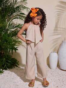 Bộ quần ống rộng và áo yếm dệt trơn màu cho kỳ nghỉ của bé gái - Màu Khaki - Xem 6