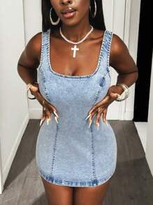Slaydiva Fashionable Sexy Backless Fitted Mini Denim Dress - Blue - View 5