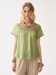 Florisole Áo sơ mi nữ mùa hè cổ tròn thêu tay ngắn phong cách Bohemian thường ngày màu be - màu xanh lá - Xem 3