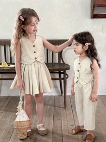 LMoss Kids LMoss Baby Girl Woven Plain Top And Loose Casual Pants Set, Setsisters Outfit - Apricot - View 6