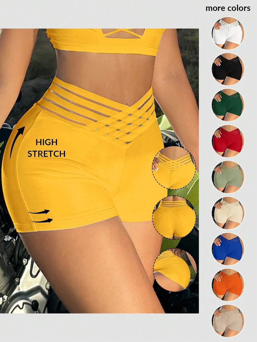 SHEIN SXY 女士性感网纱拼接修身短裤 - 黃色 - 查看 1