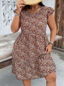 SHEIN VCAY 加大码花卉印花节日圆领盖袖拼接女式夏装、母亲节装束、女士度假装束、狂欢装束、加大码女式西部装束 - 彩色 - 查看 3