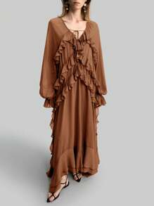 Ontre 大码女式波西米亚风格连衣裙，雪纺材质，荷叶边装饰，优雅度假长裙 - 棕色 - 查看 4