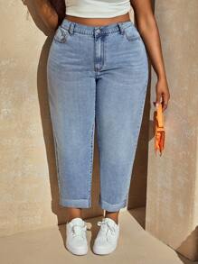 SHEIN SXY Plus Size Casual Washed High Waist Tapered Leg Jeans