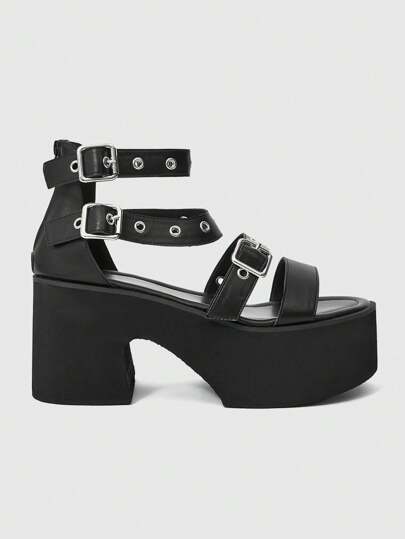 Grunge Punk Women Punk Style Belt Buckle Ankle Strap Round Toe Platform Wedge Heel Sandals, PU Leather Roman Style Black Sandals Suitable For Graduation, Photo Shoot, Workplace