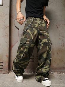 Manfinity EMRG Men's Casual Camo Print Cargo Denim Jeans Cargo Wide Leg Pants Men Baggy Camo Wide Leg Pants Baggy Going Out Urban Hang Out Street Vacation - Army Green - View 5