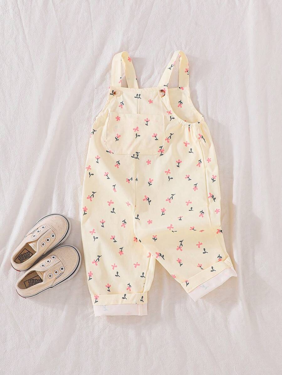 SHEIN Vintaside Kids Baby Girls 0-3 Years Infant Toddler Ditsy Floral Jacquard Strap Overall Jumpsuit, All-Match For Spring Summer All Season