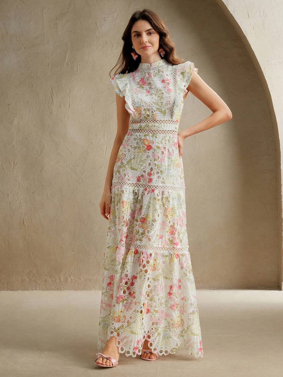 White Floral Summer Elegant Party Dress,Mandarin Collar Ruffle Cap Sleeve Water-Soluble Lace Hollow Embroidered Casual Vacation Ladies Dress