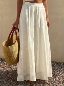 DAZY 女士夏季蕾丝半身裙，镂空纹理面料，蓬松喇叭裙摆设计，适合宴会、通勤、休闲等场合，宽松版型 - 米色 - 查看 1