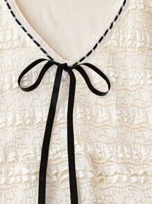 Franclia 领口和袖子拼接抽绳荷叶边，长裙纹理面料 - 杏色 - 查看 7