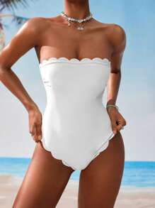 Swim Mod 1pc Solid Color Vacation Arc-Edged Bandeau One-Piece Swimsuit For Women For Summer - White - View 3