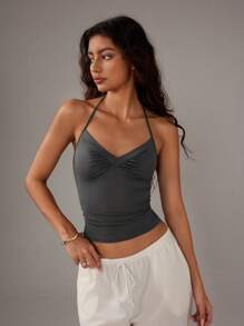 TRNVIE Versatile V-Neck Tie Spaghetti Strap Tank Top For Women - Dark Grey - View 4