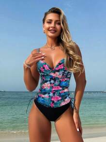 Swim Lushoire Women's Spring/Summer Beach Tropical Plants Random Printed Steel Circle Gather Drawstring Strap Tank Top Bikini Two Pieces Set - Multicolor - View 3