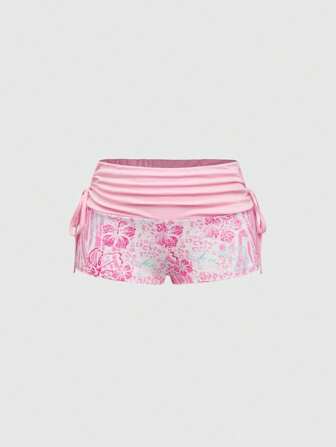 J-Fashion Y2K Beach Vacation Coconut Girl Print Low Waist Super Short Drawstring Pink Hibiscus & Leopard Print Shorts For Women