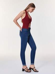 SHEIN BAE 女士休闲牛仔裤，刺绣十二生肖图案，温柔真挚的螃蟹图案，治愈系 - 藍色 - 查看 5