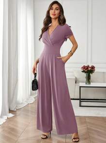 SHEIN Clasi Bộ đồ liền quần ống rộng màu trơn thanh lịch mùa hè cho nữ - Bụi tím - Xem 1