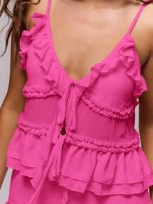 MUSERA Chiffon Tie Front Ruffle Cami Top Western Holiday Ibiza Festival Holiday Cute Beach Going Out Tops Fall Spring Summer - Hot Pink - View 6
