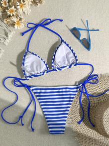 Swim Vcay Women's Vacation Beachside Striped Swimsuit Set For Summer - Blue and White - View 2
