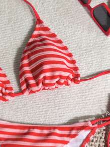 Swim Mod Women Striped Beach Swimsuit Set For Vacation For Summer - Red - View 3