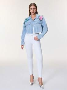 SHEIN Frenchy Chaqueta corta de jean con aplicaciones de bordados y lentejuelas para mujer - Azul - Ver 3