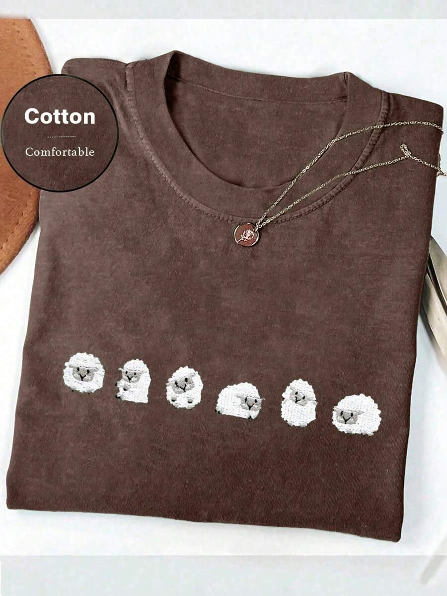 Women's Cotton Sheep Pattern Short Sleeve Round Neck T-Shirt, Summer - Coffee Brown - View 1