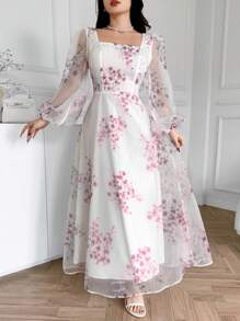 Feyla Women Floral Print Semi-Sheer Long Sleeve Dress,Bohemian Clothes - Red - View 6