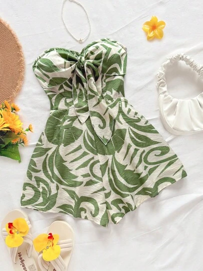 Soleia 女性节日、春夏狂欢、海滩邮轮度假、绿色水彩剪影印花图案、扭纹前抹胸、宽松阔腿连体裤、派对、约会、夏季穿搭