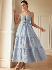 Aveloria Rosie Vestido francês elegante para férias de verão, com recorte a laser, bordado, cintura alta, sem mangas, estilo boho, praia, estampa completa - Multicolorido - Ver 4