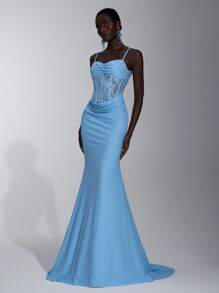 Elitara 优雅、浪漫、性感、蓝色、针织弹力面料、蕾丝拼接、露肩、低胸领口、收腰、褶皱、拖尾、鱼尾下摆、前开衩、派对、生日、约会、节日、婚礼、庆典、正式晚礼服 - 藍色 - 查看 2