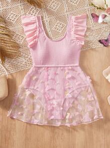 Tween Girls' Simple Solid Pink Adorable One-Piece Swimsuit, Cute For Holiday - Pink - View 3