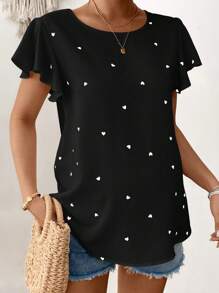 SHEIN Maternity Heart Print Round Neck Ruffle Short Sleeve Casual Blouse, Summer - Black - View 1