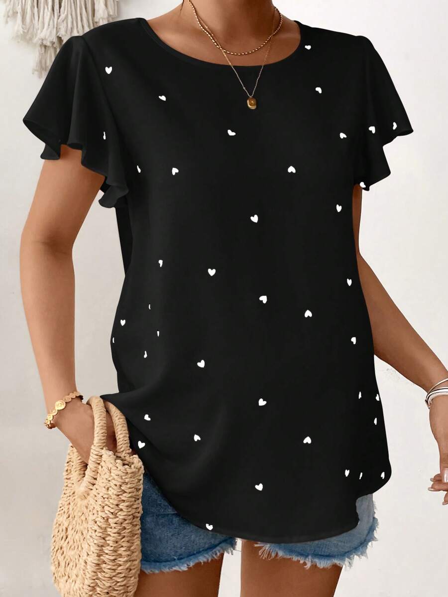 SHEIN Maternity Heart Print Round Neck Ruffle Short Sleeve Casual Blouse, Summer - Black - View 1