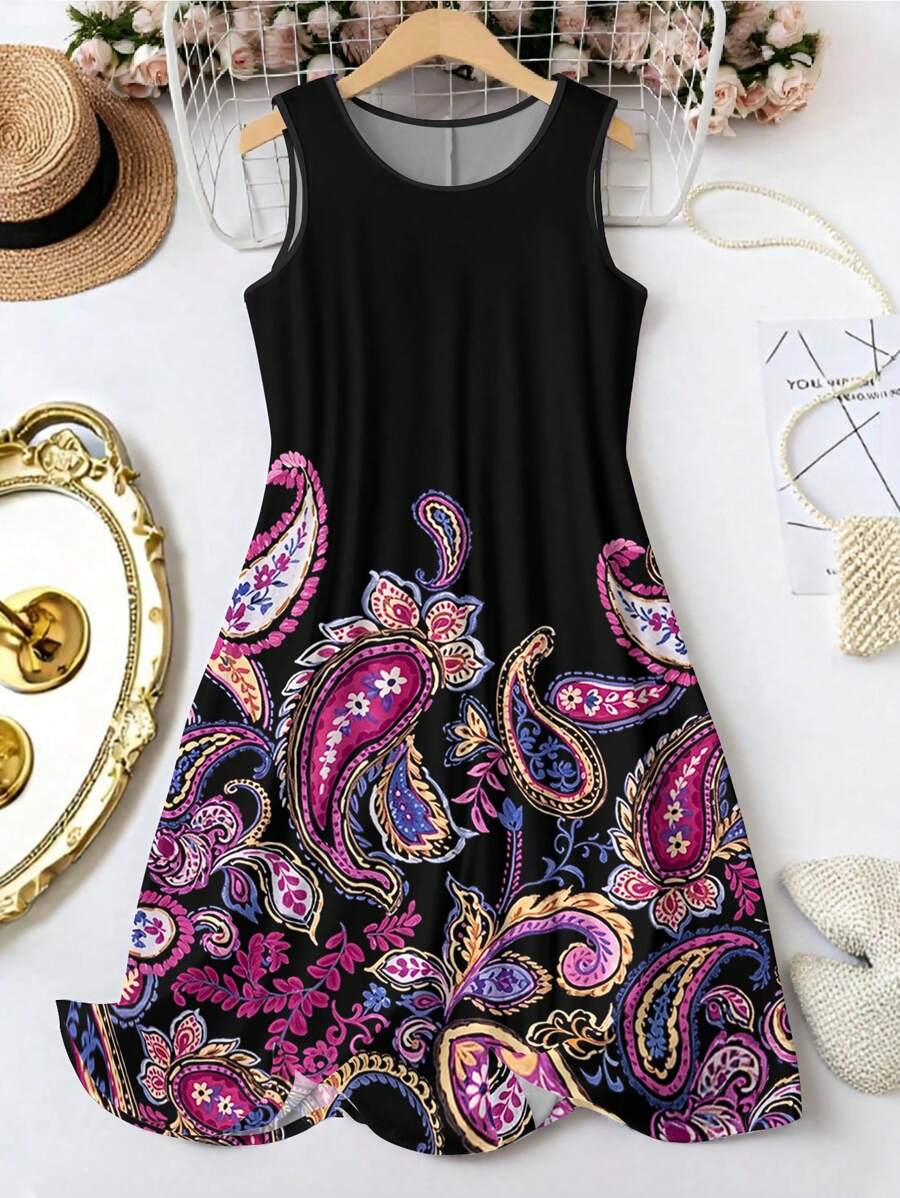 大码女式佩斯利印花无袖连衣裙，休闲A字裙，适合度假、夏季穿着 - 彩色 - 查看 1