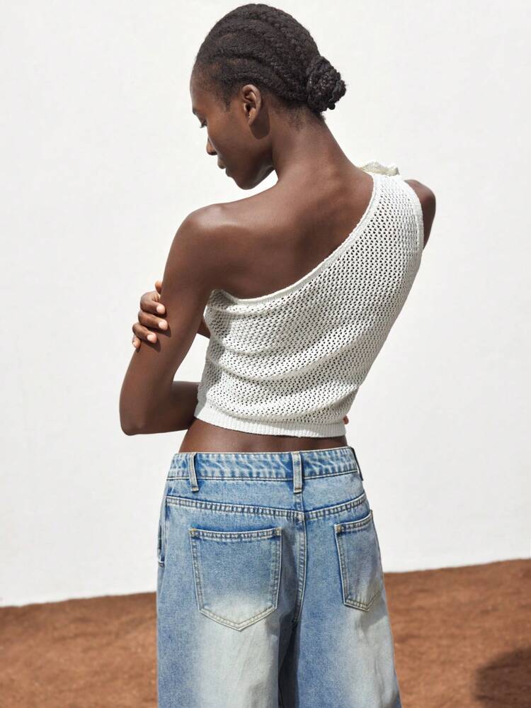 SHEIN Maija 夏新作 ハンドメイドクロシェ 中空 非対称肩デザイン フラワーデコレーション レディース ニットタンクトップ、通勤、カジュアル、ビーチ、パーティー、結婚式、音楽フェス、独立記念日、卒業シーズンに優雅