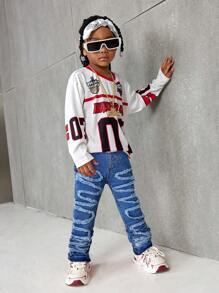 SHEIN Young Boy Street Cool Raw Edge Patchwork Simple High Stretch Jeans, For Kids Fall Winter Outdoor And Daily Wear Clothes - Medium Wash - View 4