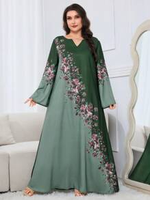 Al Najma Plus Size Women Floral Print V-Neck Long Sleeve Arabic Style Dress, Modest Kaftan - Green - View 4