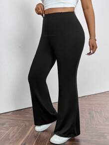 Firerie Plus Size Casual High Waist Elastische Zwarte Flared Broek Met Ritszak, Geschikt Voor Lente, Zomer, Herfst, Dagelijks Woon-werkverkeer En Sport