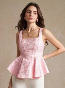 Amorya Áo crop top liền mạch họa tiết hoa jacquard màu hồng dành cho nữ, cổ vuông và viền xếp nếp - Hồng - Xem 5