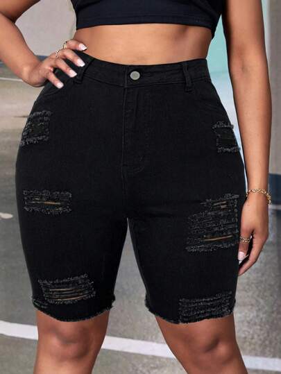 SHEIN SXY 大码水洗破洞修身牛仔短裤