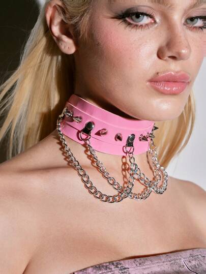 Grunge Punk 1pc Gothic Exaggerated PU Leather Choker Necklace, Punk Street Wear Metallic Chain Pendant Collar Necklace, Halloween