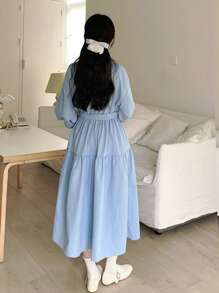 SHEIN TEENGIRL Mint Green V-Neck Mid-Calf Dress, Elegant Korean Style Holiday Dress Casual Girl Dress Women Clothing Dresses Modest Spring Dresses For Teen Girls Casual Dresses Modest Teen Clothes - Blue - View 3