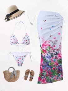 SHEIN Women 3 Pieces Ditsy Floral Bikini Set - Tie Halter Top, Thong Bottoms, And Floral Skirt, Casual, Vacation, Beachwear, Sweet Style, Spring/Summer - Multicolor - View 1