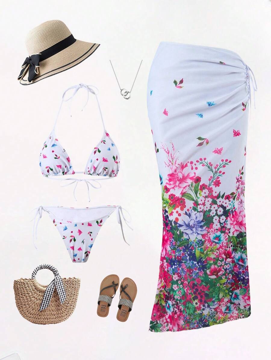 SHEIN Women 3 Pieces Ditsy Floral Bikini Set - Tie Halter Top, Thong Bottoms, And Floral Skirt, Casual, Vacation, Beachwear, Sweet Style, Spring/Summer - Multicolor - View 1