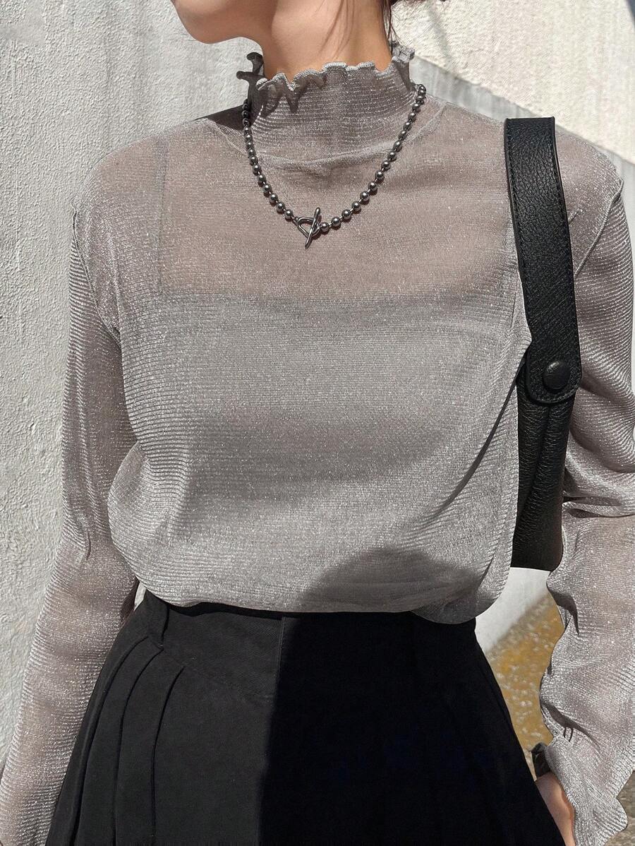 FRIFUL Women's Mesh Turtleneck Sheer Blouse, Layering Top For Autumn Long Sleeve Top