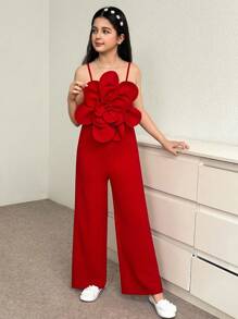 SHEIN Leap Crew Tween Girl Elegant Slim Fit Cami Jumpsuit With 3D Floral Decoration, Casual Versatile Suitable For Parties, Weddings, Spring & Summer - Red - View 4