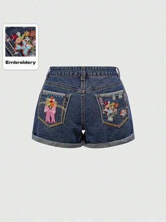 Kawaii Süße Ferienblumen, Schleifen bestickte Patchwork Spitze Denim Shorts