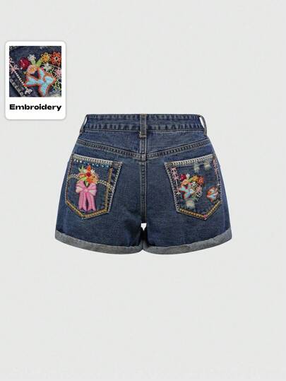 Kawaii Süße Ferienblumen, Schleifen bestickte Patchwork Spitze Denim Shorts